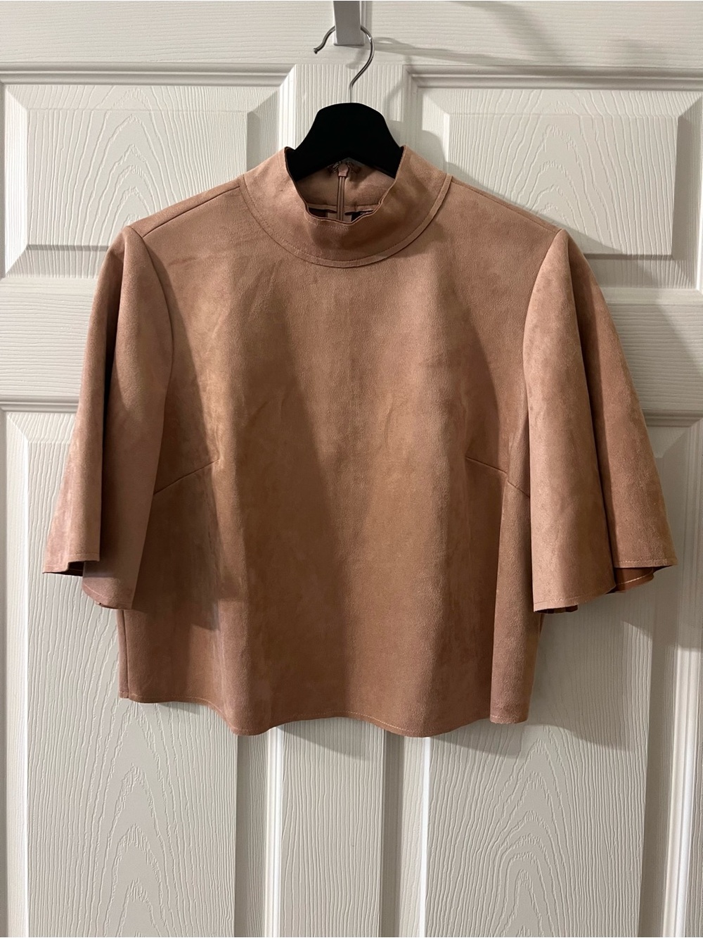 Mock Neck Suede-Look Tan Short Sleeve Top